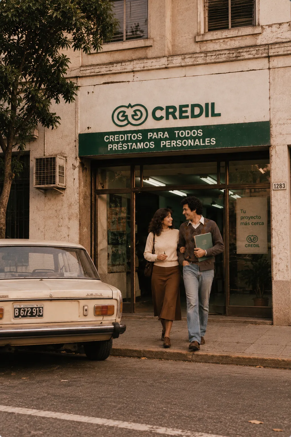 Clientes saliendo de una sucursal Credil en los años ochenta